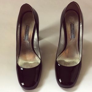Prada black patent block heel pumps